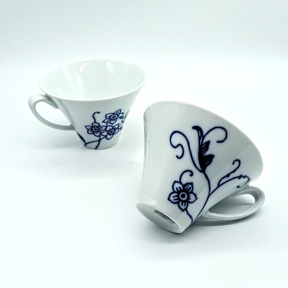 Crate & Barrel Camille Blue Floral White Porcelain Flat Cups (2)